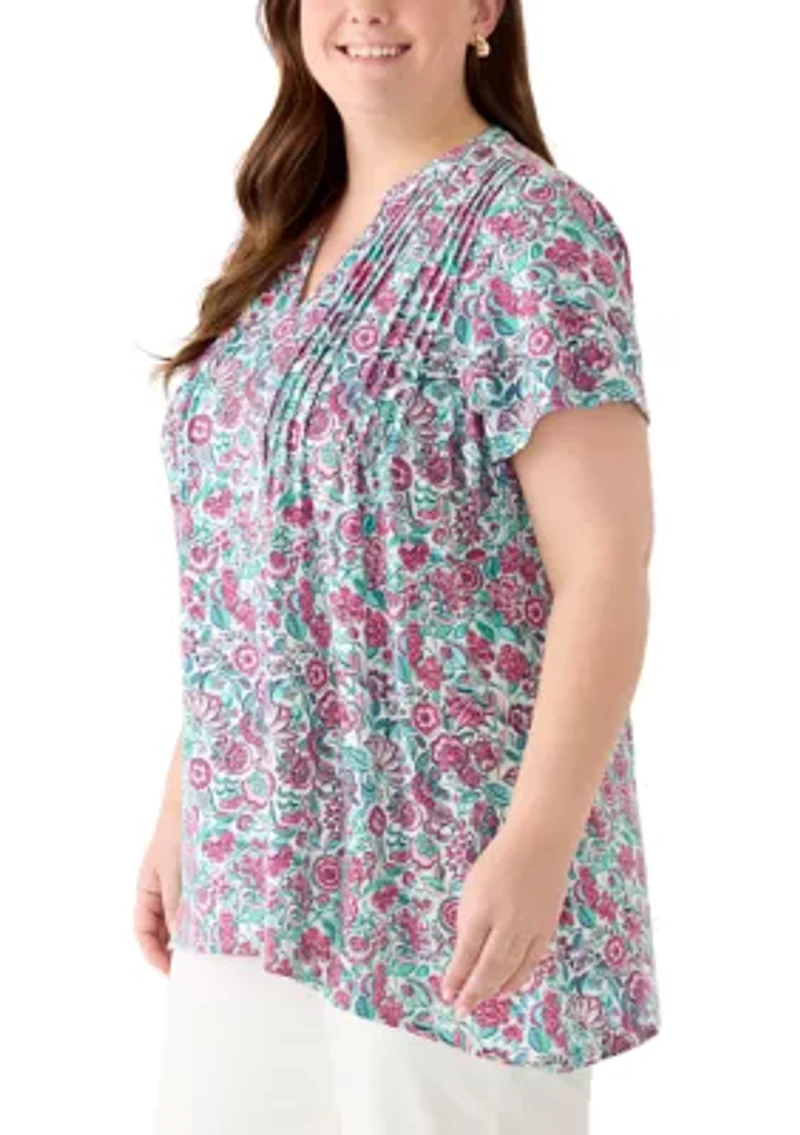 Plus Short Sleeve Pin Tuck Tunic Top