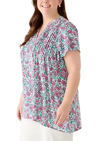 Plus Short Sleeve Pin Tuck Tunic Top