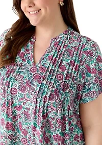 Plus Short Sleeve Pin Tuck Tunic Top
