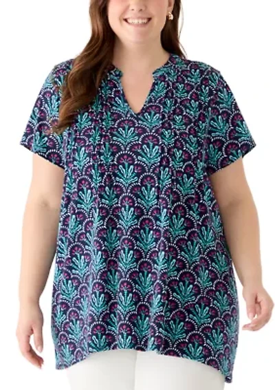 Plus Short Sleeve Pin Tuck Tunic Top