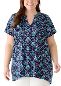 Plus Short Sleeve Pin Tuck Tunic Top