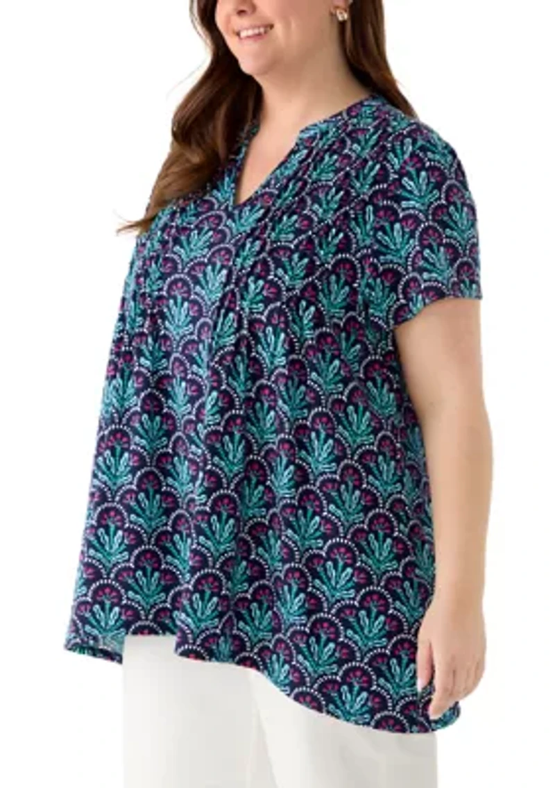 Plus Short Sleeve Pin Tuck Tunic Top