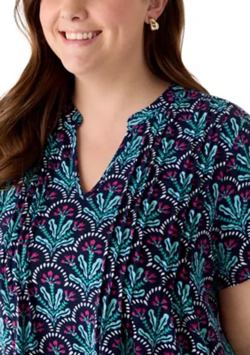 Plus Short Sleeve Pin Tuck Tunic Top