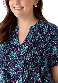 Plus Short Sleeve Pin Tuck Tunic Top