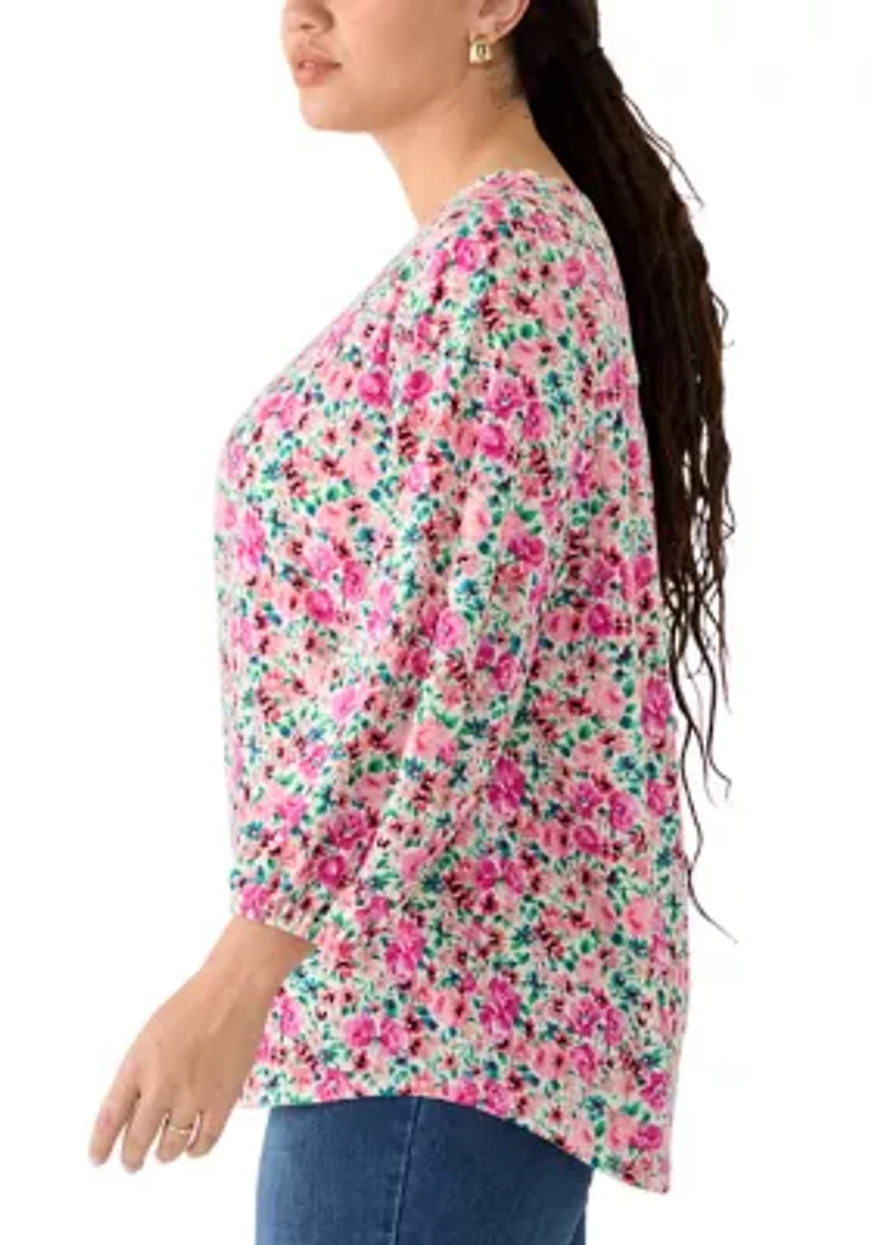 Plus 3/4 Sleeve V-Neck Pleat Detail Top