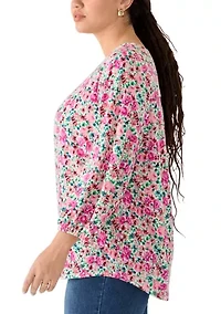 Plus 3/4 Sleeve V-Neck Pleat Detail Top