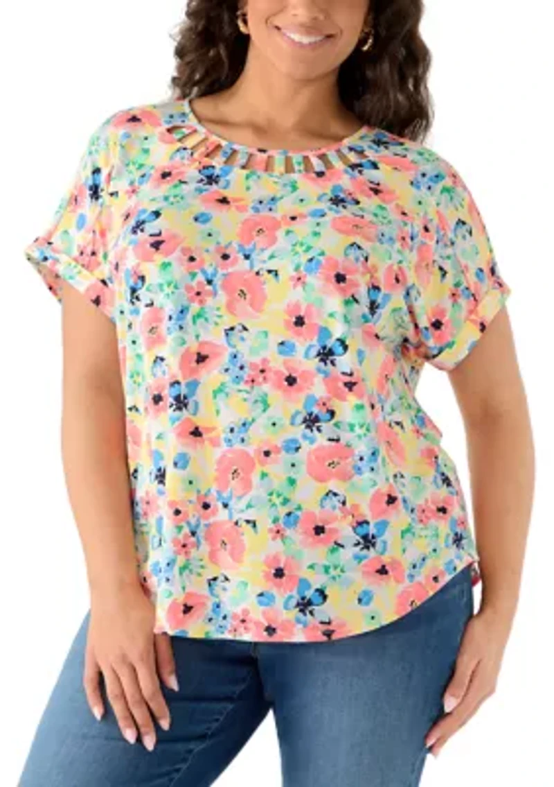 Plus Short Sleeve Lattice Neck T-Shirt