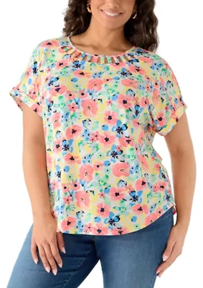 Plus Short Sleeve Lattice Neck T-Shirt