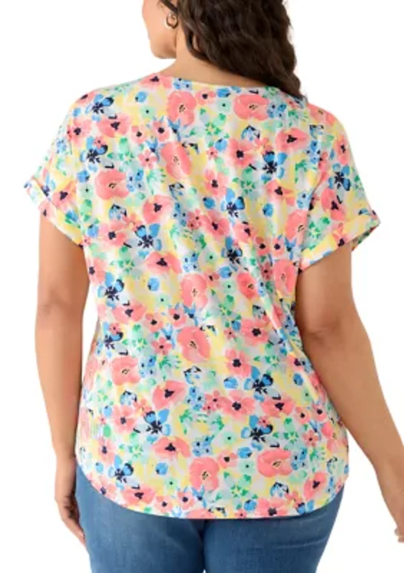 Plus Short Sleeve Lattice Neck T-Shirt