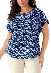 Plus Short Sleeve Lattice Neck T-Shirt