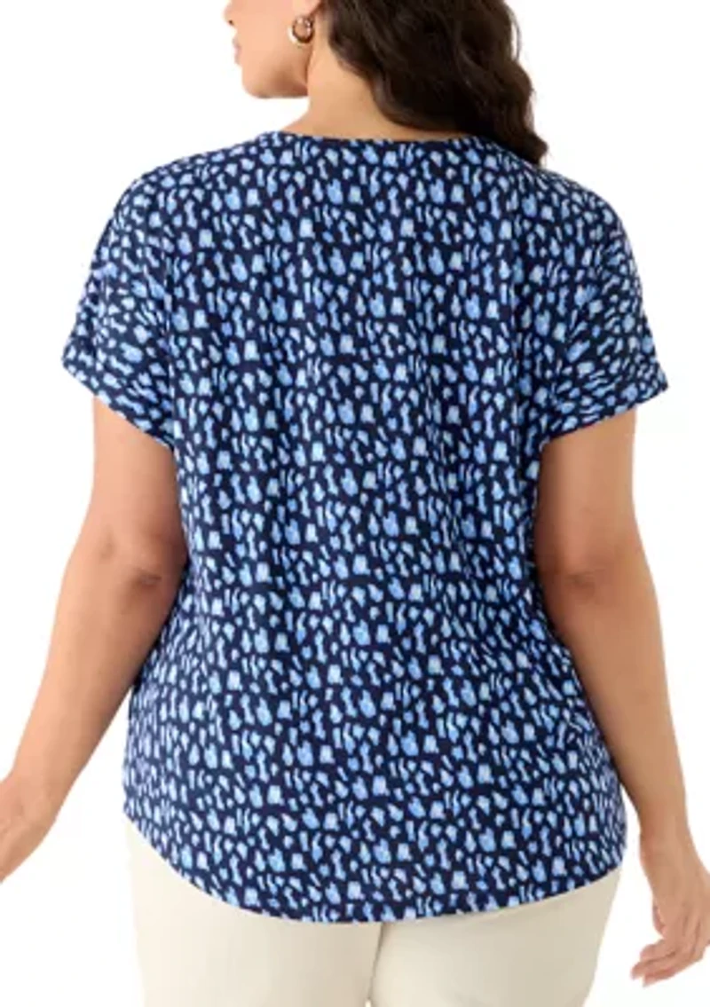 Plus Short Sleeve Lattice Neck T-Shirt