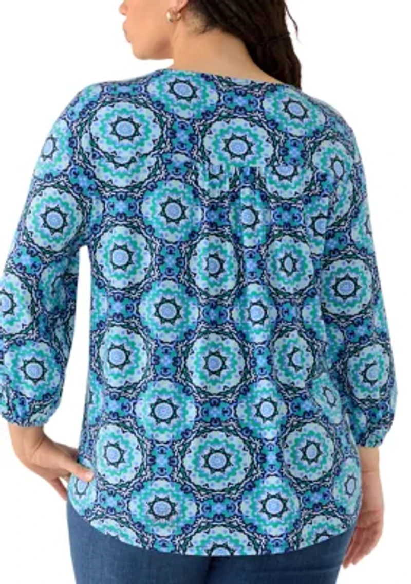 Plus Three-Quarter Sleeve V-Neck Pleated Top