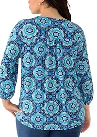 Plus Three-Quarter Sleeve V-Neck Pleated Top