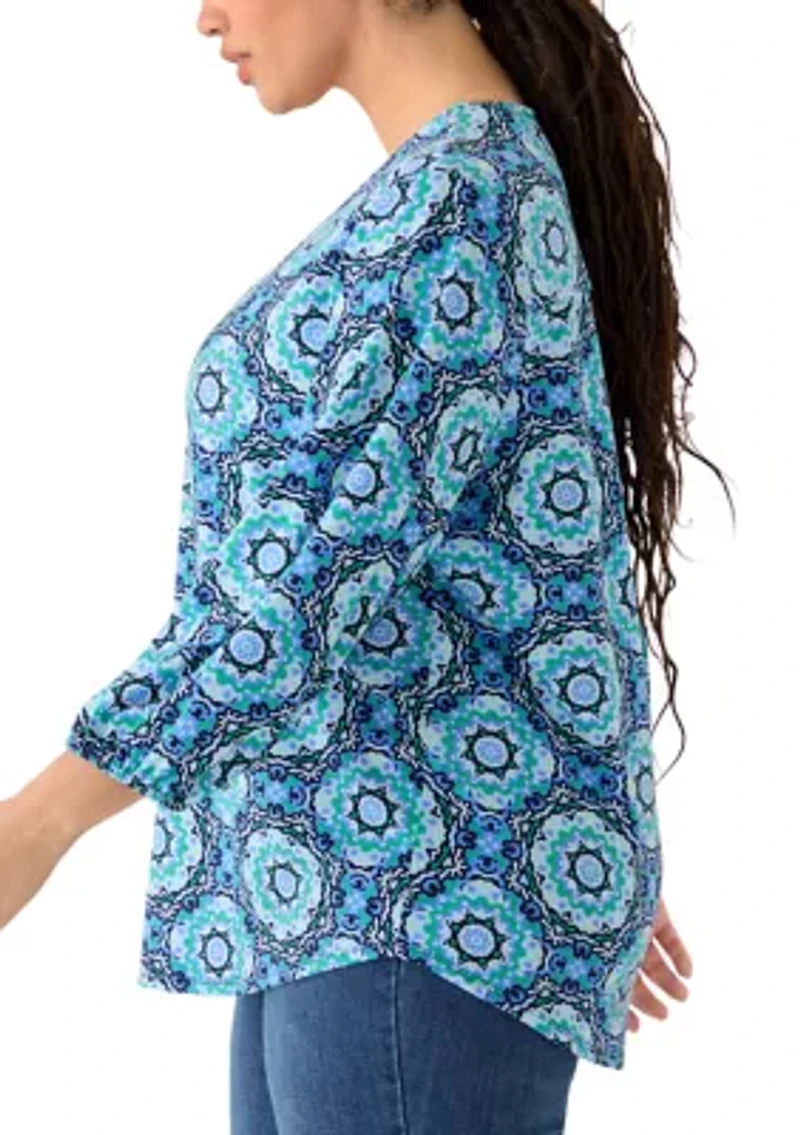 Plus Three-Quarter Sleeve V-Neck Pleated Top