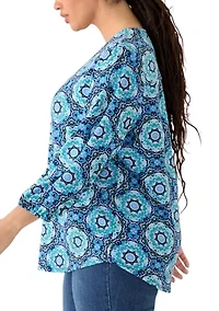 Plus Three-Quarter Sleeve V-Neck Pleated Top