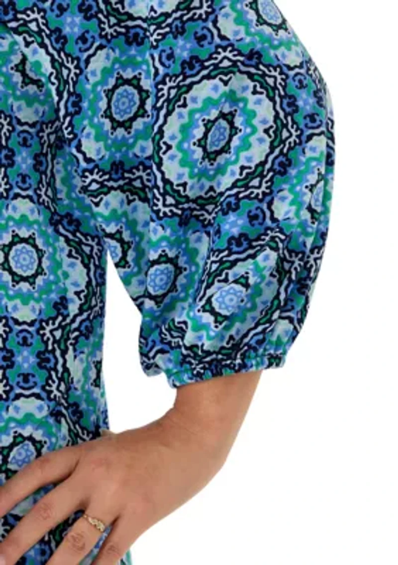 Plus Three-Quarter Sleeve V-Neck Pleated Top