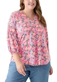 Plus Printed Pleated V-Neck Top