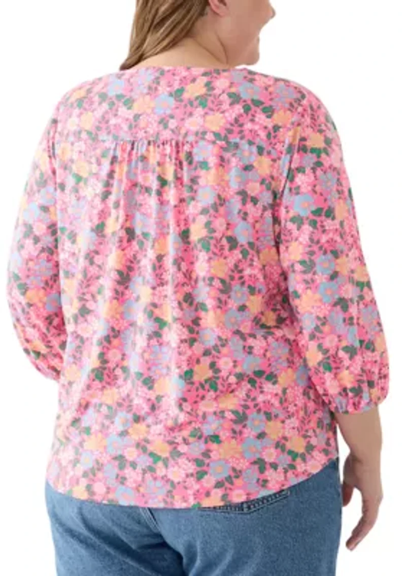 Plus Printed Pleated V-Neck Top