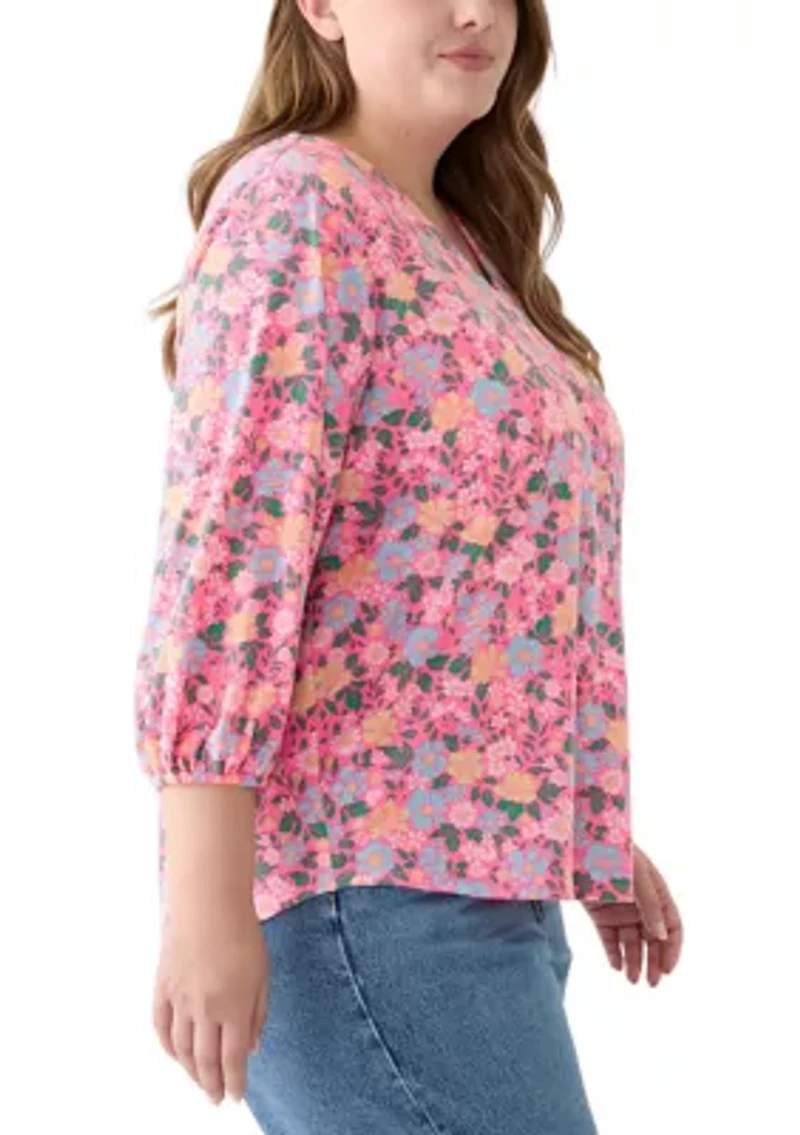 Plus Printed Pleated V-Neck Top