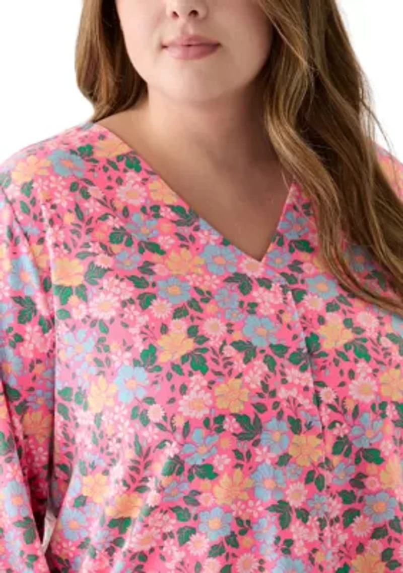 Plus Printed Pleated V-Neck Top