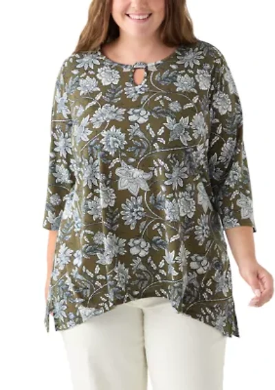 Plus 3/4 Sleeve Keyhole Neck Floral Sharkbite Tunic