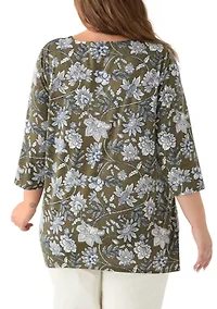 Plus 3/4 Sleeve Keyhole Neck Floral Sharkbite Tunic