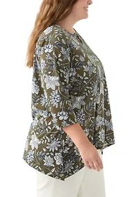 Plus 3/4 Sleeve Keyhole Neck Floral Sharkbite Tunic