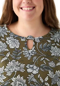 Plus 3/4 Sleeve Keyhole Neck Floral Sharkbite Tunic