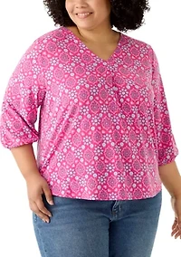 Plus 3/4 Sleeve V-Neck Blouse