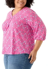 Plus 3/4 Sleeve V-Neck Blouse