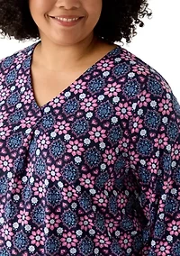 Plus 3/4 Sleeve V-Neck Pleated Blouse