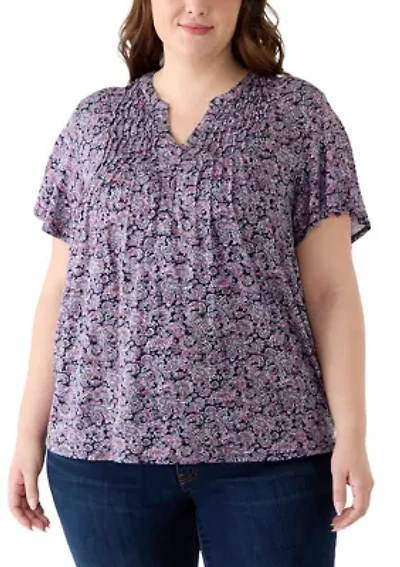 Plus Honeycomb Knit Henley Print Top