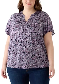 Plus Honeycomb Knit Henley Print Top