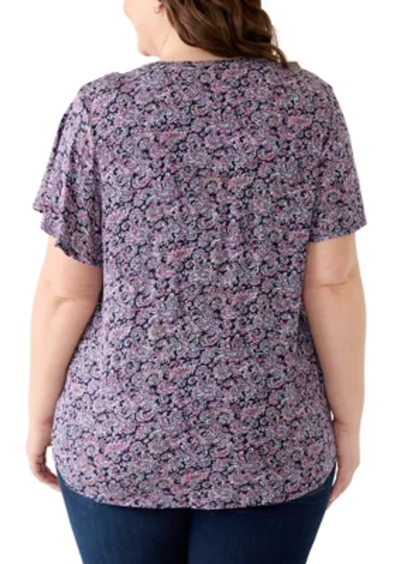 Plus Honeycomb Knit Henley Print Top