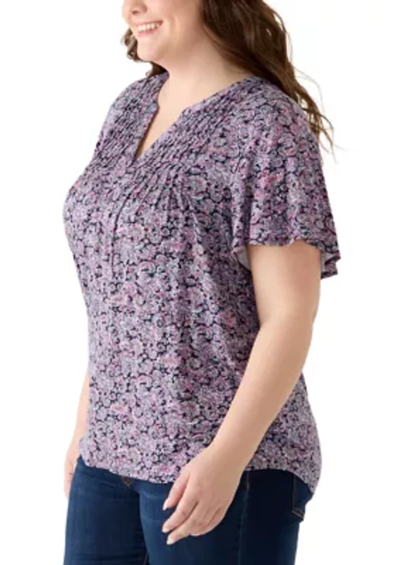 Plus Honeycomb Knit Henley Print Top