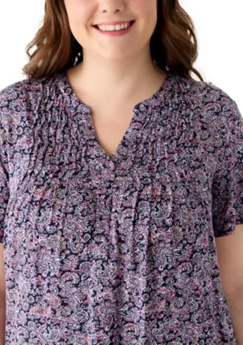 Plus Honeycomb Knit Henley Print Top