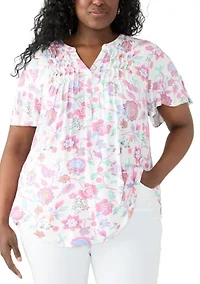 Plus Short Sleeve Honeycomb Knit Henley Top