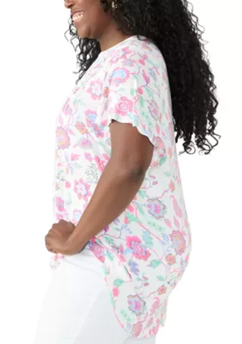 Plus Short Sleeve Honeycomb Knit Henley Top