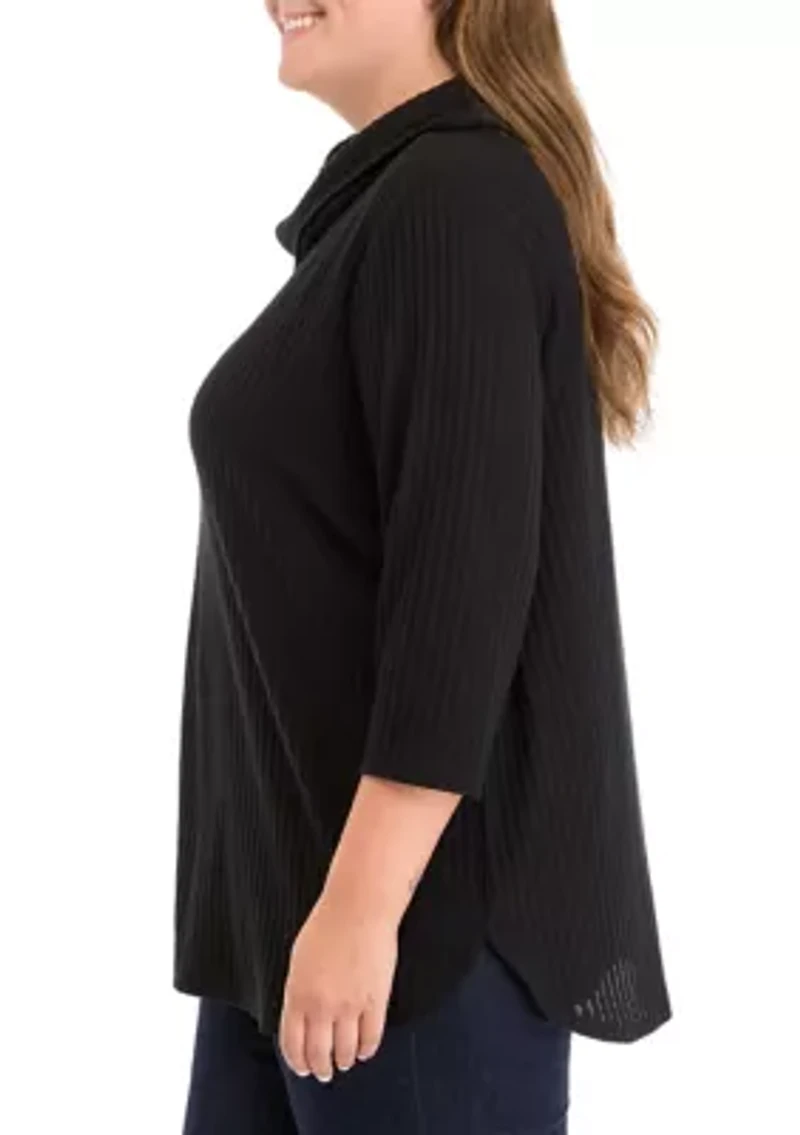 Plus Ribbed Knit Hacci Cowl Neck Sweater