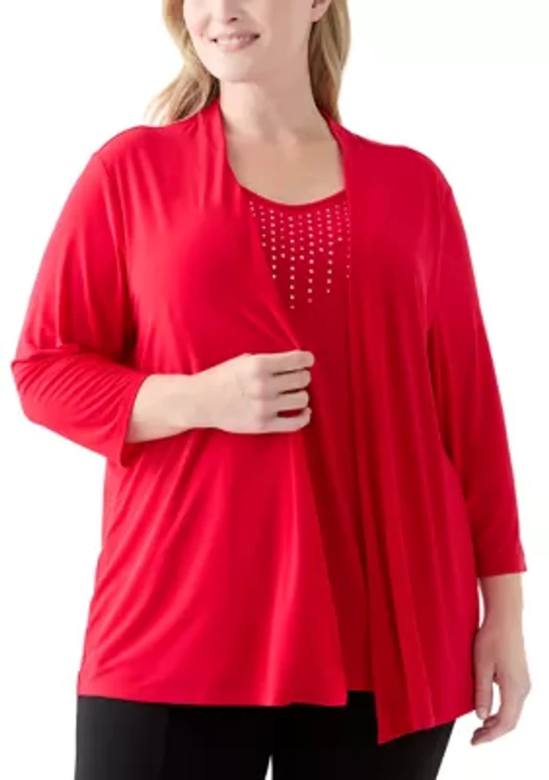 Plus 3/4 Sleeve Cardigan Twofer Knit Top