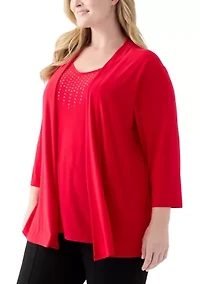 Plus 3/4 Sleeve Cardigan Twofer Knit Top