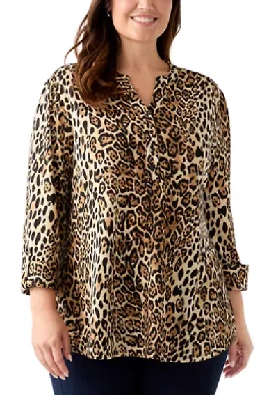 Plus 3/4 Sleeve Printed Hacci Henley Shirt