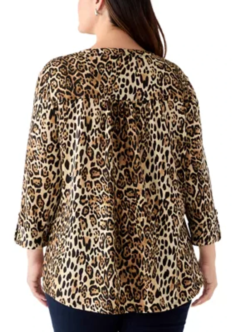 Plus 3/4 Sleeve Printed Hacci Henley Shirt