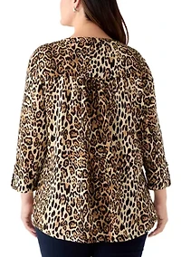 Plus 3/4 Sleeve Printed Hacci Henley Shirt