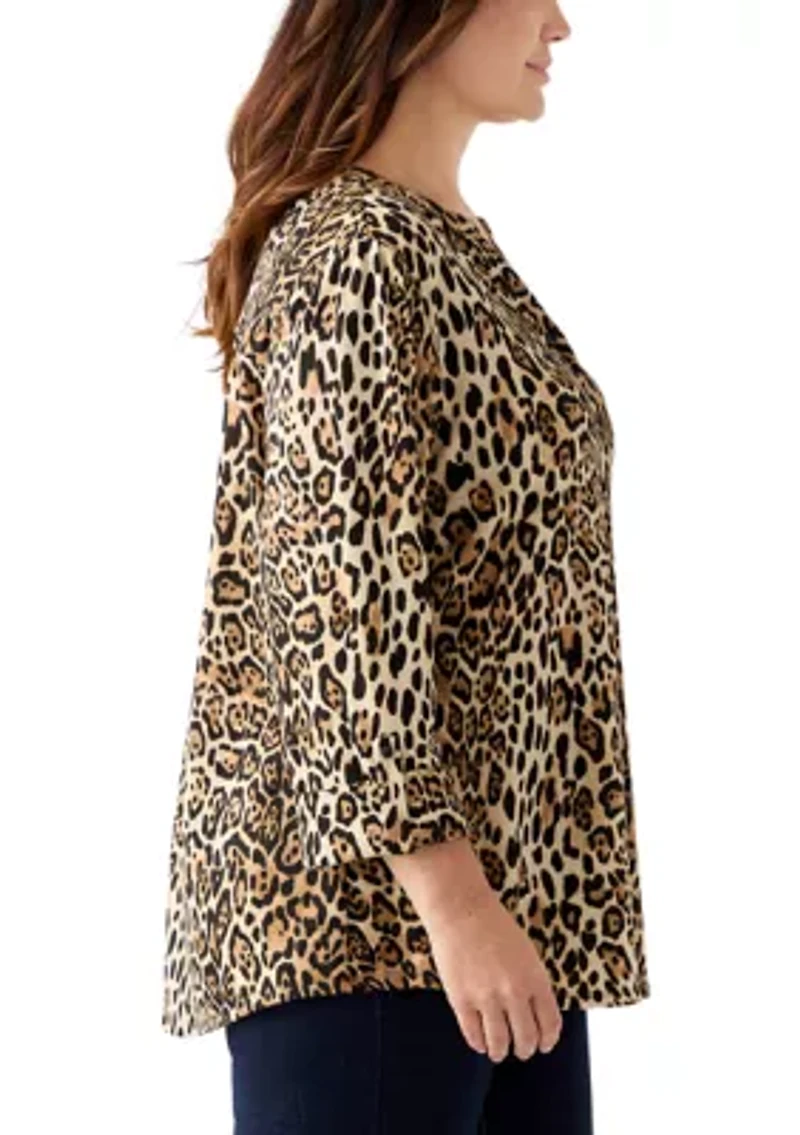 Plus 3/4 Sleeve Printed Hacci Henley Shirt