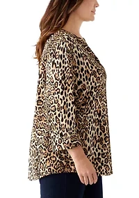 Plus 3/4 Sleeve Printed Hacci Henley Shirt