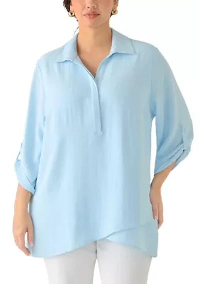 Plus Three-Quarter Sleeve Crossover Henley Tunic Top