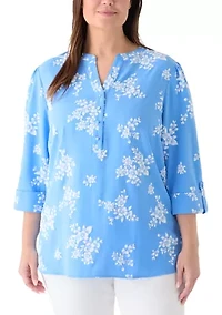 Plus 3/4 Puff Sleeves Woven Henley Top