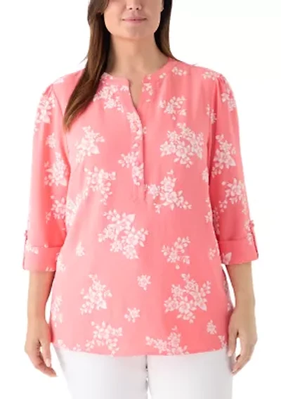 Plus 3/4 Puff Sleeves Woven Henley Top