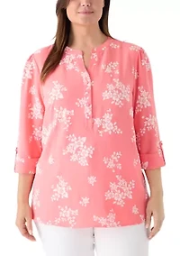 Plus 3/4 Puff Sleeves Woven Henley Top